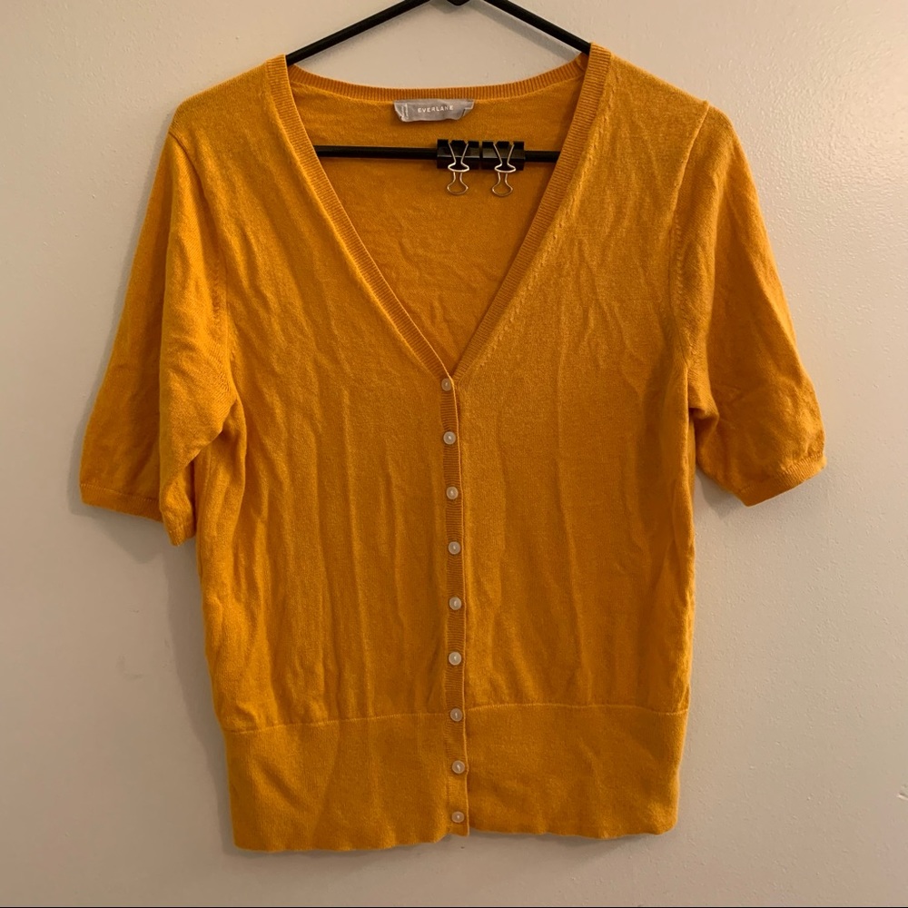 Everlane Short Sleeve Button-Up Cardigan in Mustard Yellow